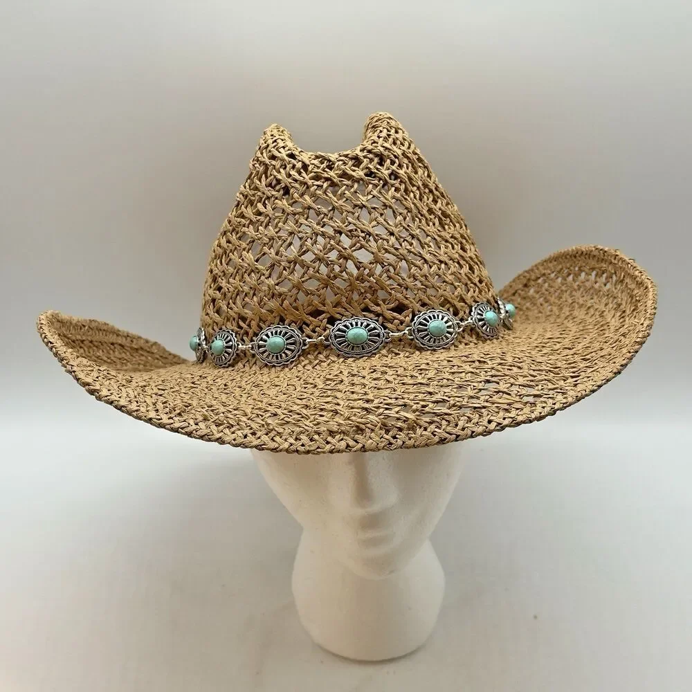 San Diego Hat Company Straw Cowboy Hat Turquoise Conchos Hat Band Wide Brim OSFM